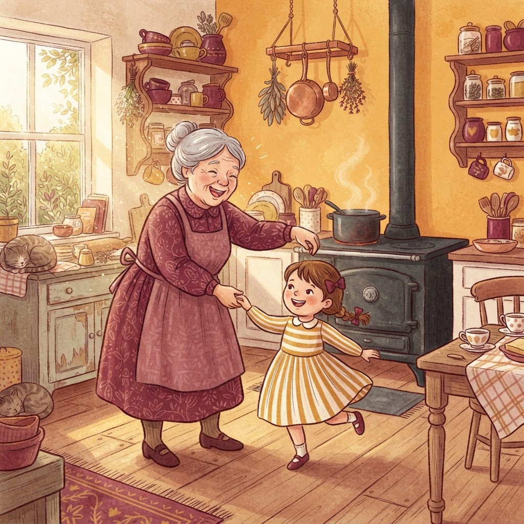 A grandparent and grandchild dancing in a sunlit kitchen with warm golden morning light