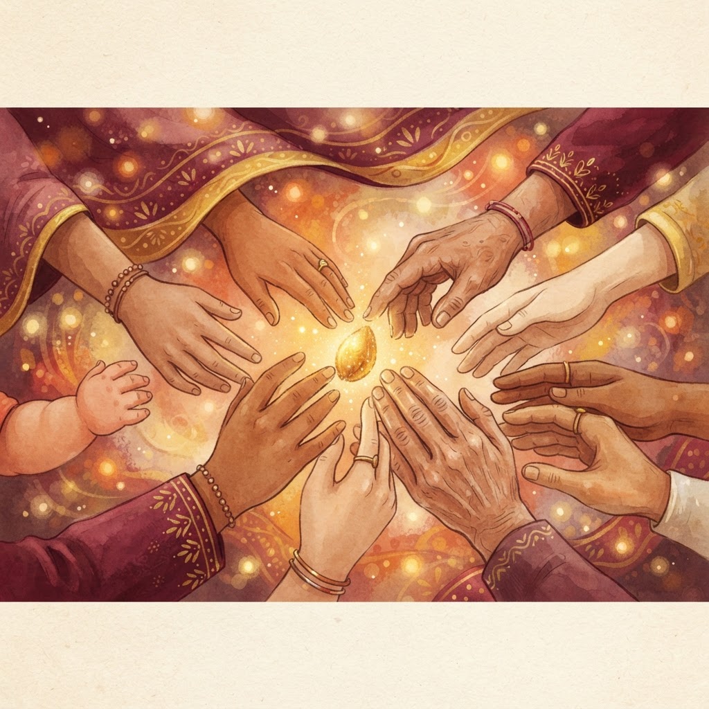 Hands of different ages passing a glowing golden seed from one to the next