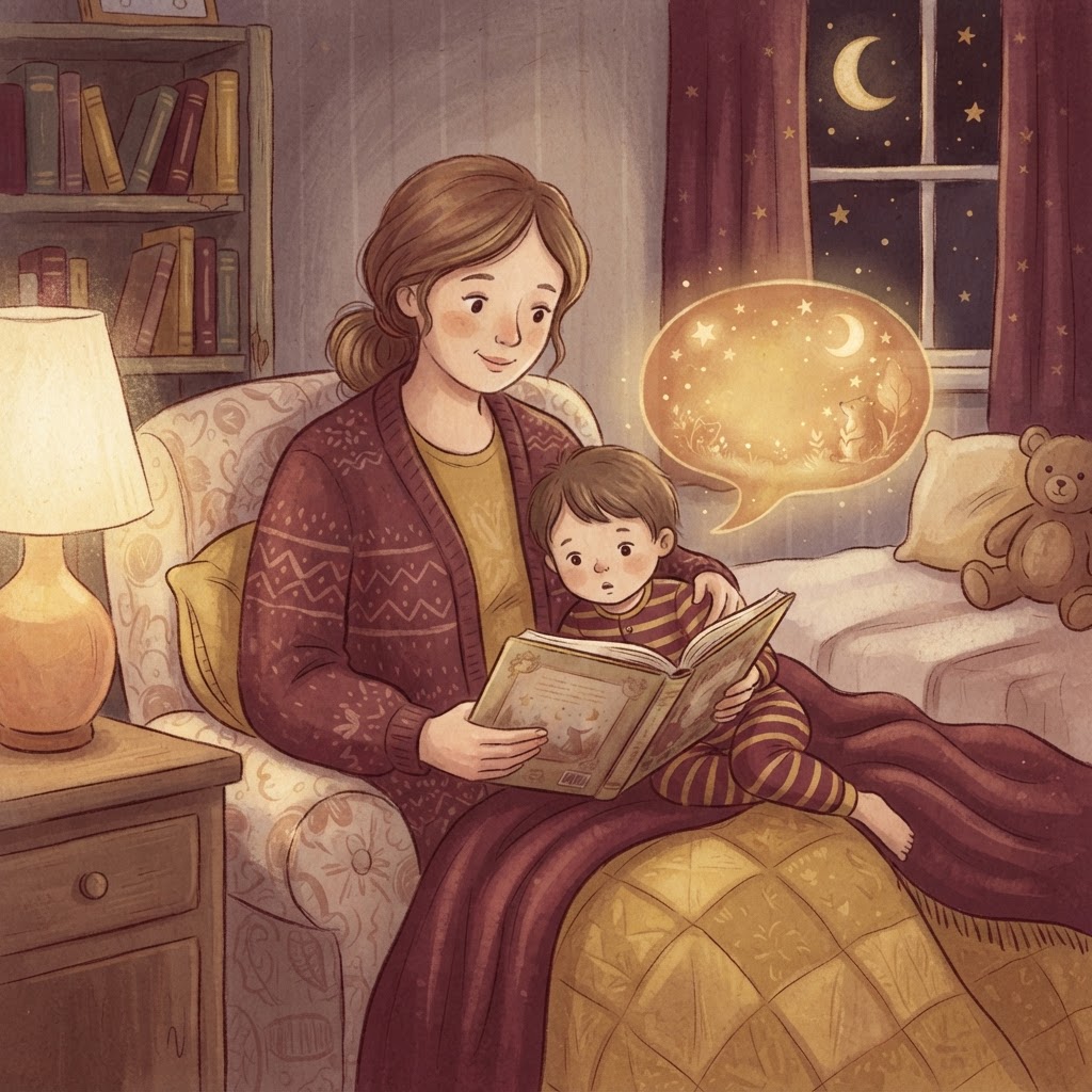 A parent and child sharing a warm bedtime story with a soft glowing speech bubble