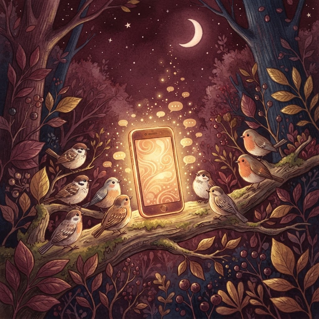 A smartphone glowing like a warm lantern with golden speech sparks and little birds around it