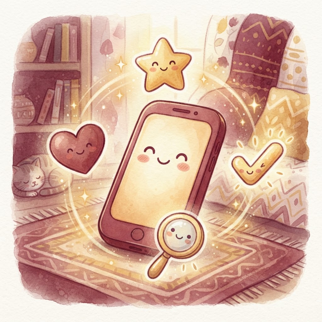 A smartphone surrounded by friendly star, heart, magnifying glass and checkmark icons