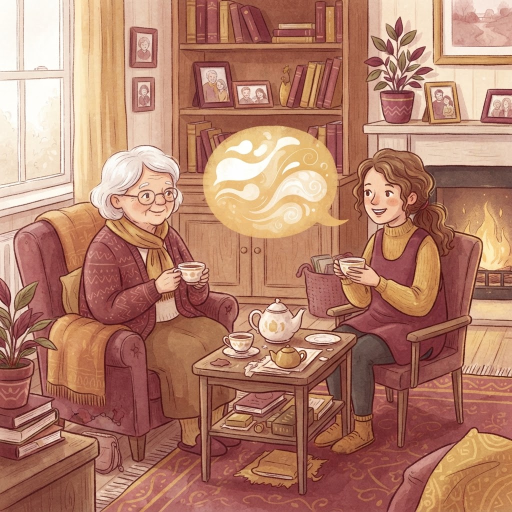 A grown-up and an older family member sharing tea and gentle speech bubbles