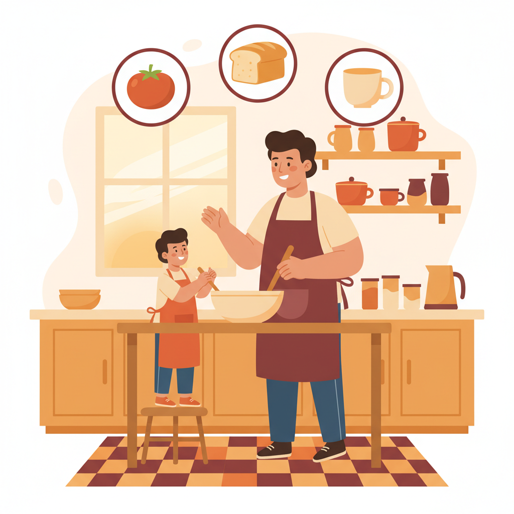 A parent and child cooking together, naming ingredients with friendly picture labels