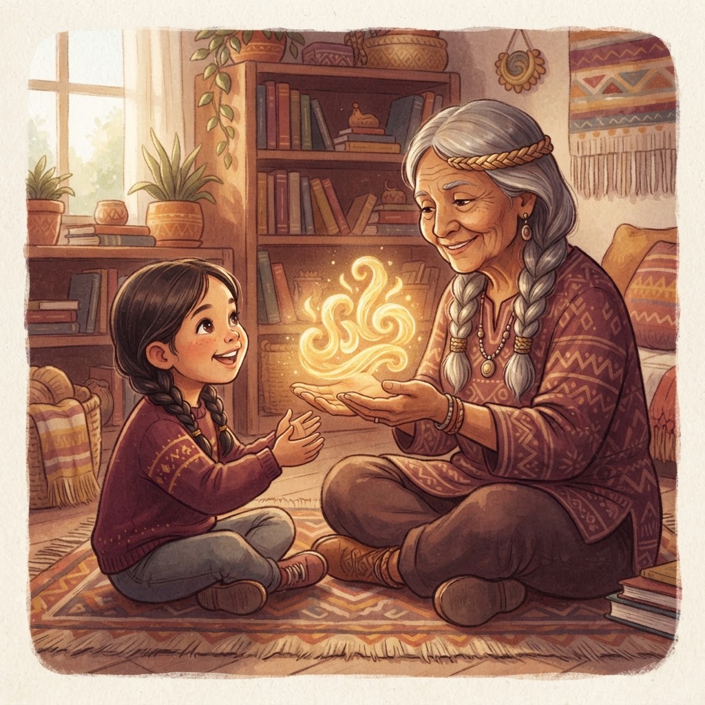 A native speaker gently handing a glowing golden word to an eager learner