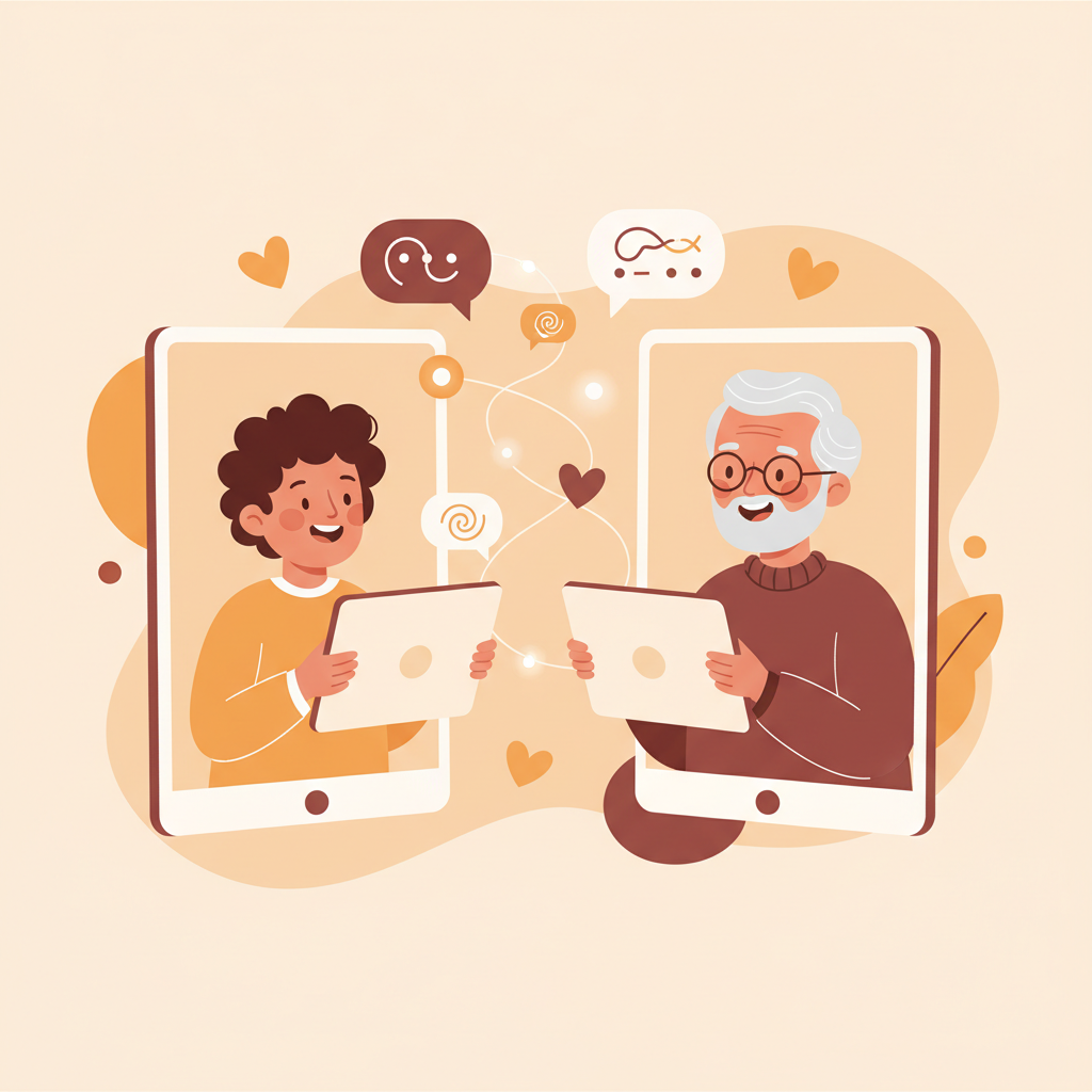 A child and grandparent happily talking on a video call with hearts floating between them