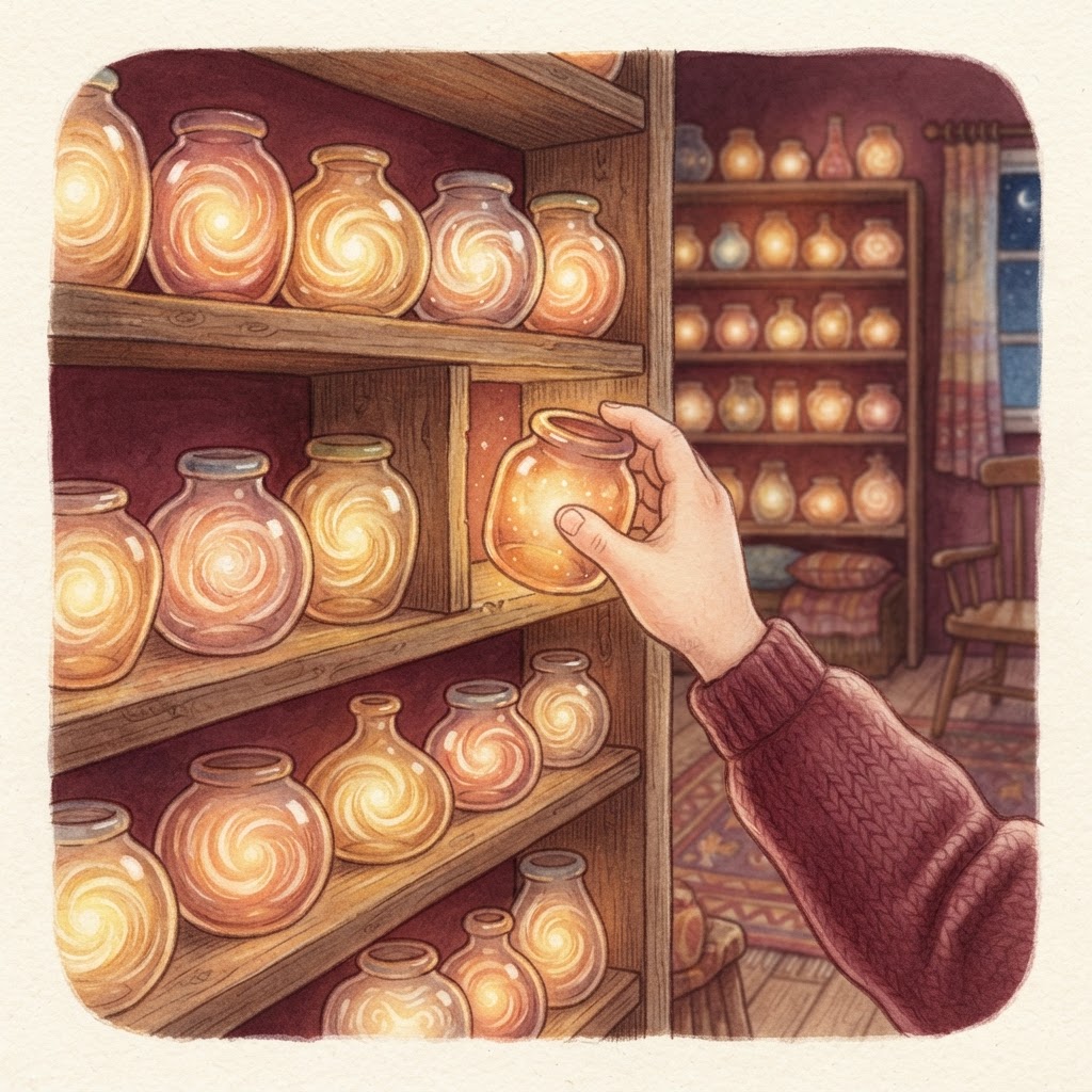 A cozy shelf of glowing jars, each holding a tiny warm light for a different language
