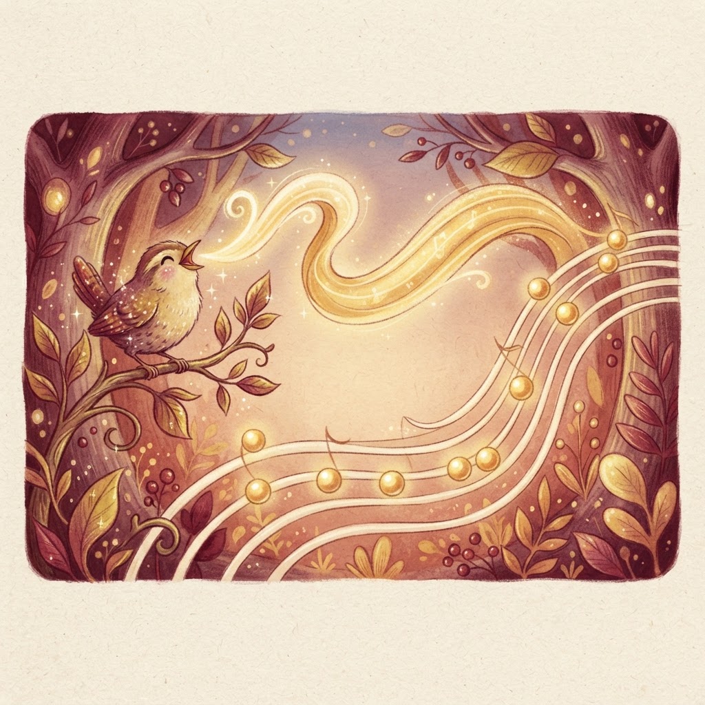 A long ribbon of song from a singing bird separating into glowing golden beads on soft staff lines