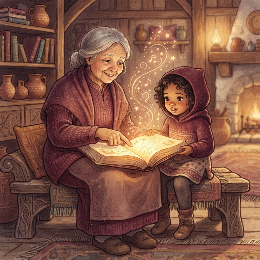 A learner and a village elder sharing one glowing open book with golden sound notes between them