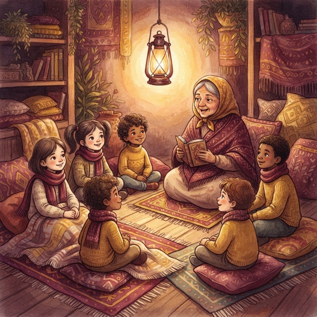 A cozy circle of learners gathered around one warm speaker under lantern light