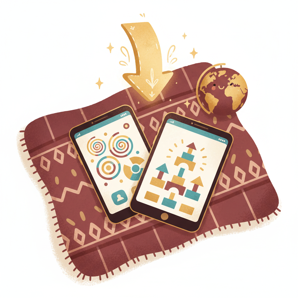 A smartphone and tablet showing bright, welcoming app screens with a soft download arrow and a small globe