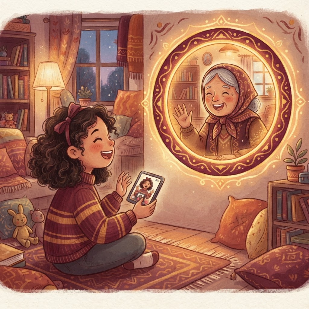 A learner video calling a kind native speaker who appears inside a glowing round window