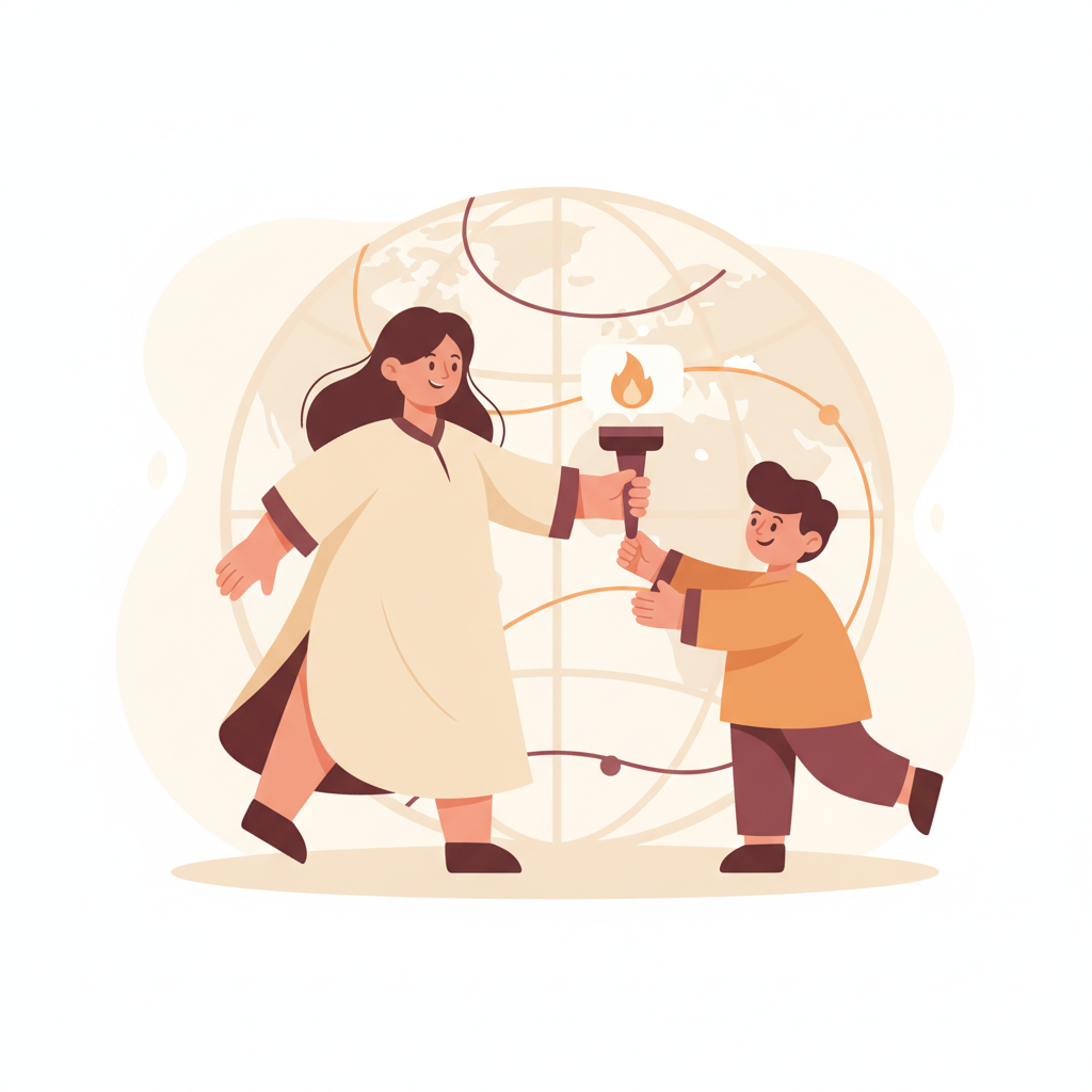 A teacher passing a glowing torch made of a speech bubble to a younger learner, with a soft globe behind them