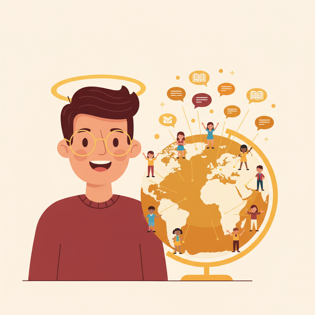 A friendly teacher beside a glowing globe, reaching learners around the world with speech bubbles