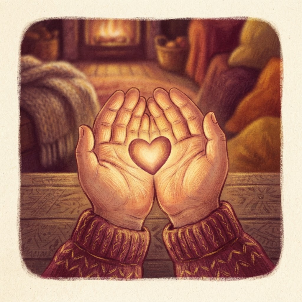 Two cupped hands gently holding a small glowing heart of light