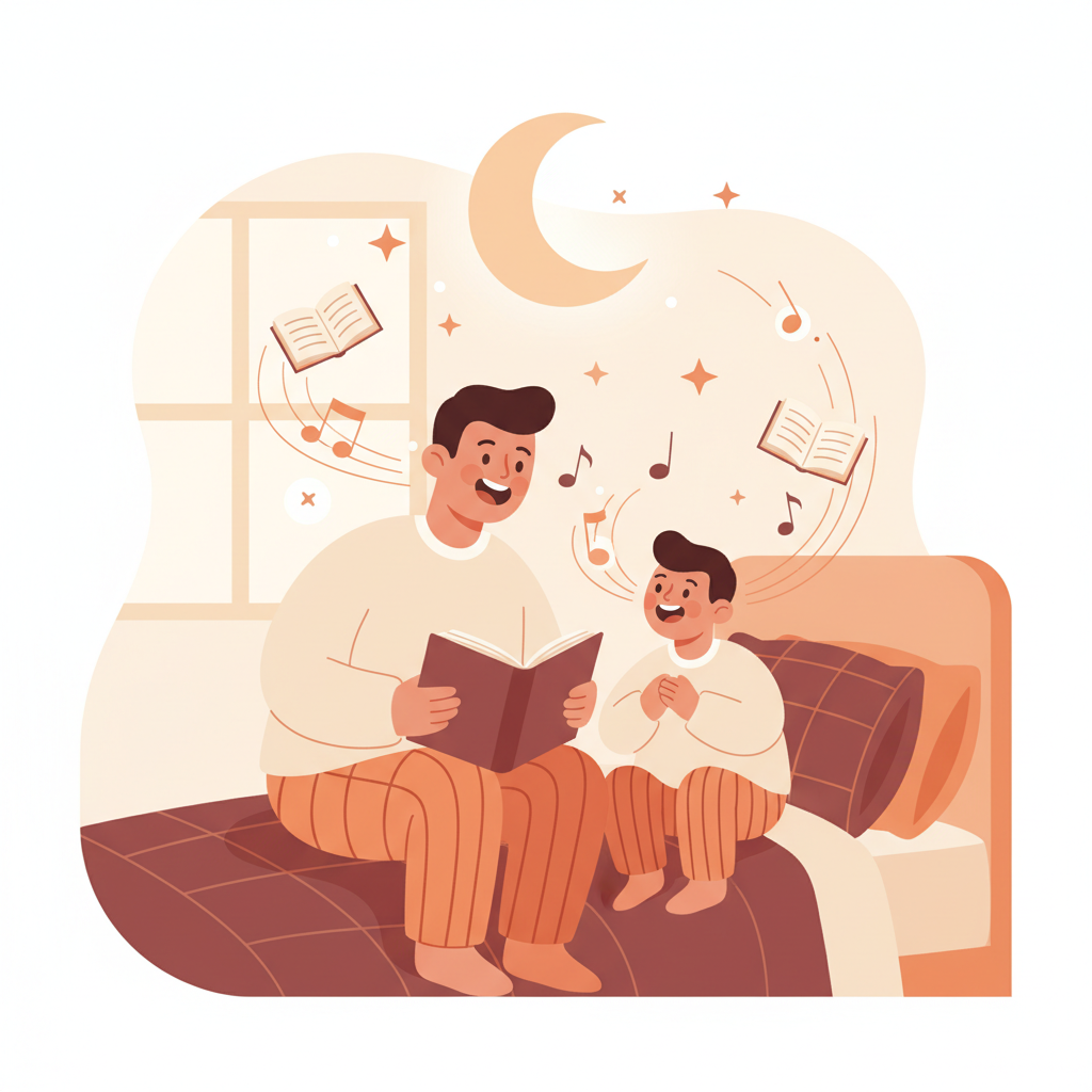 A parent and child singing together at bedtime with musical notes and a crescent moon