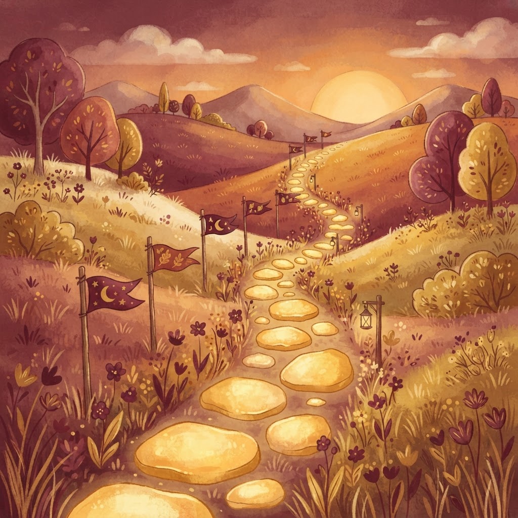 A path of golden stepping stones climbing upward with small friendly flags