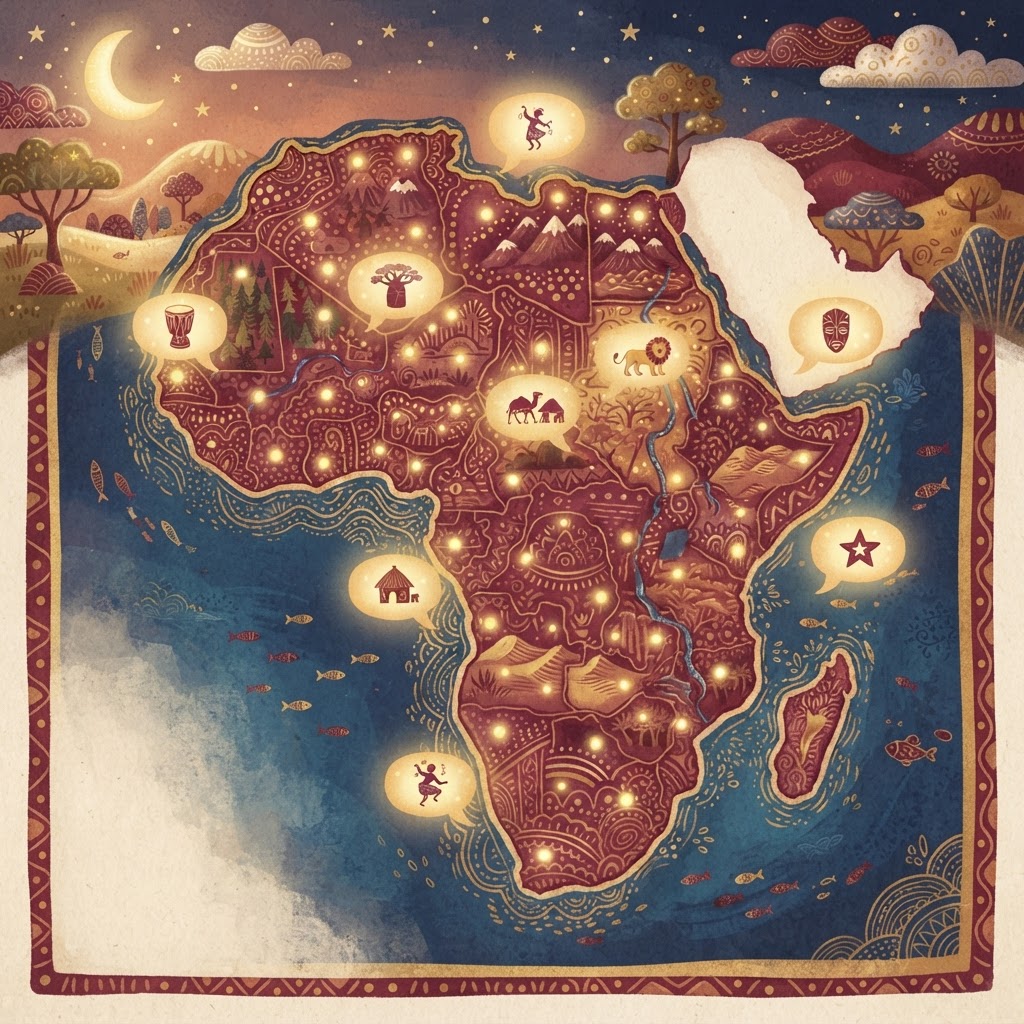 A friendly stylized map of Africa with golden speech bubbles rising from several regions
