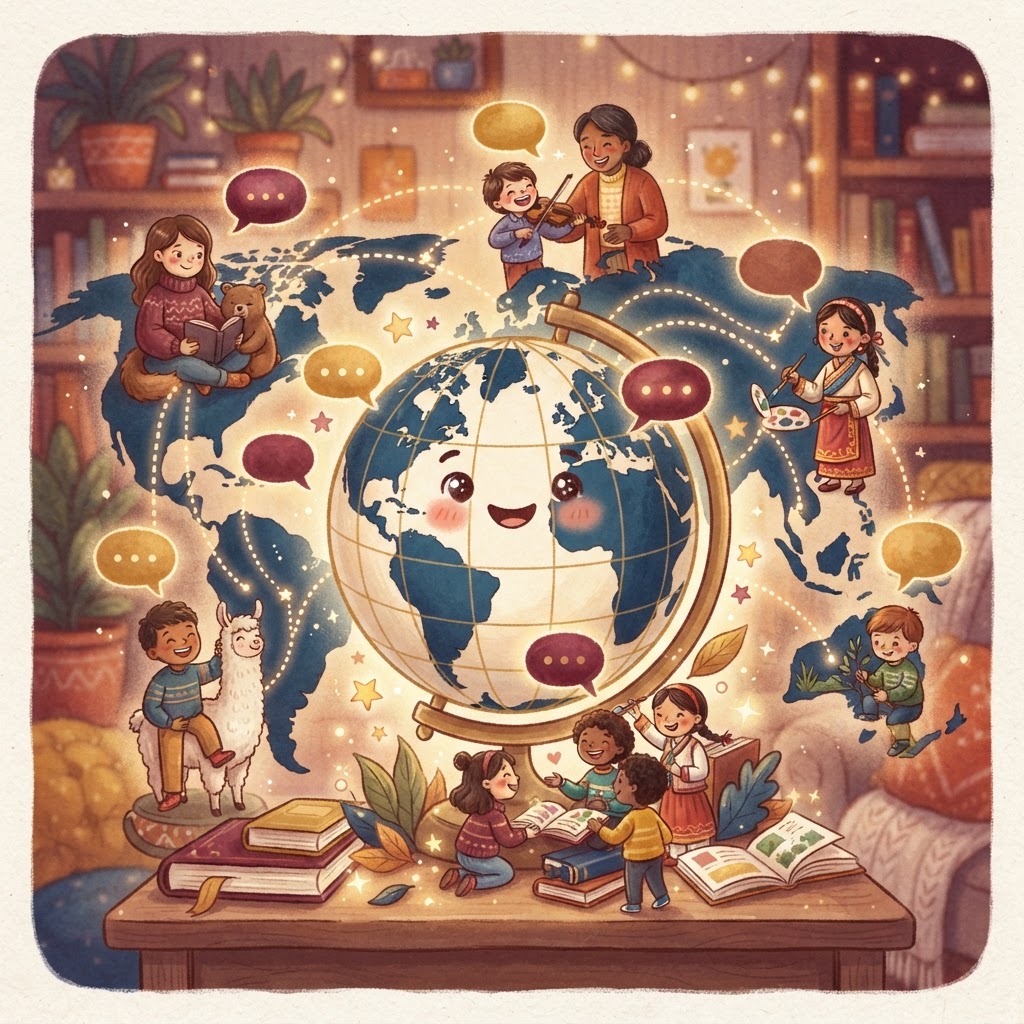 A friendly globe with glowing speech bubbles connecting people on different continents