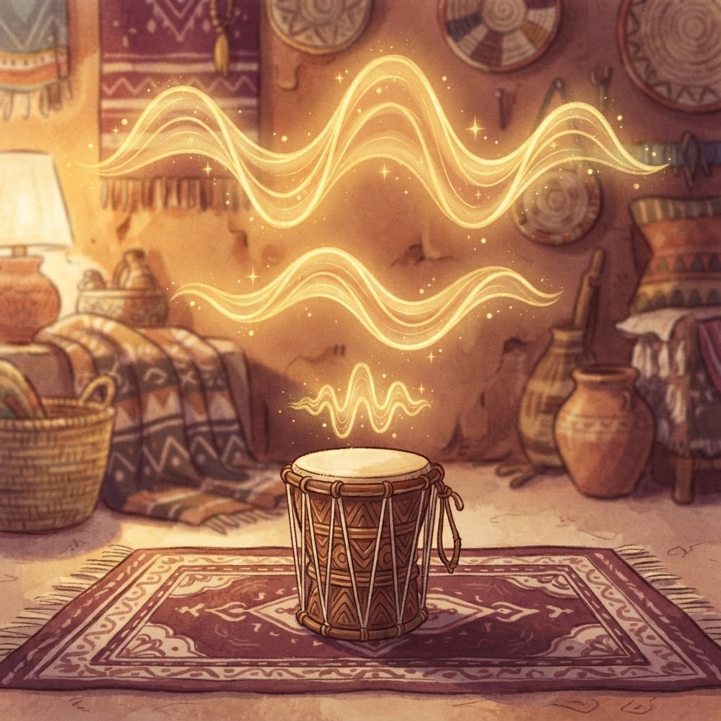 Three glowing golden sound waves at different heights above a small talking drum