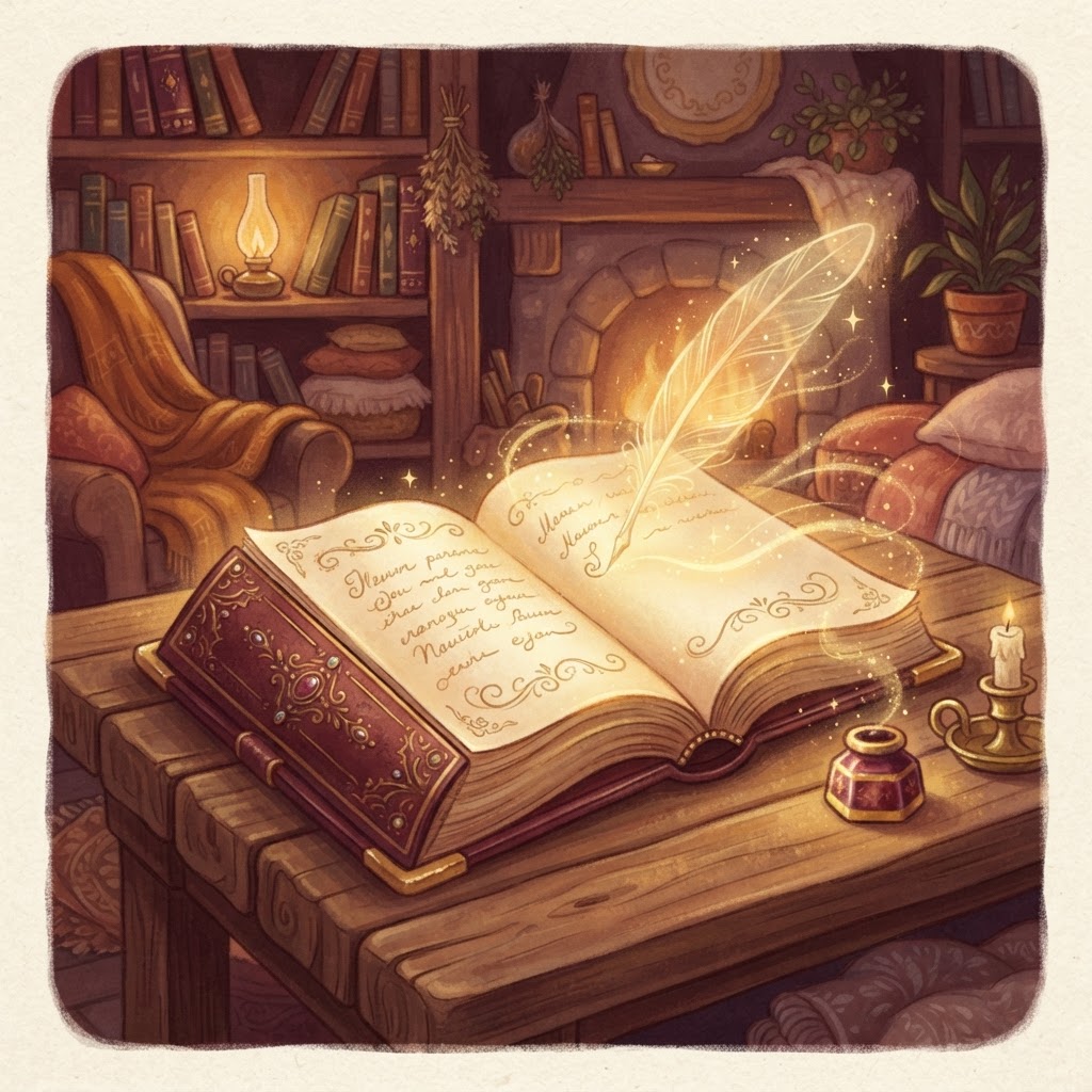 An open glowing book with soft golden words being gently added by a floating quill of light