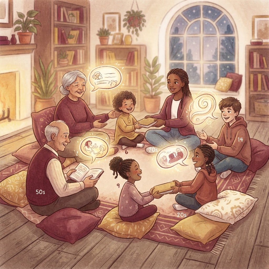 A friendly circle of people of different ages sharing books and glowing speech bubbles