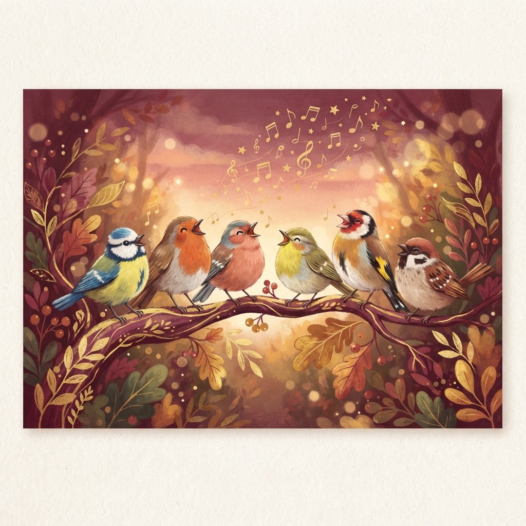 A cheerful chorus of small birds of many colors singing together, golden notes drifting up