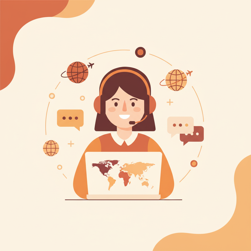 A friendly person teaching at a laptop with globe and speech-bubble icons reaching learners worldwide