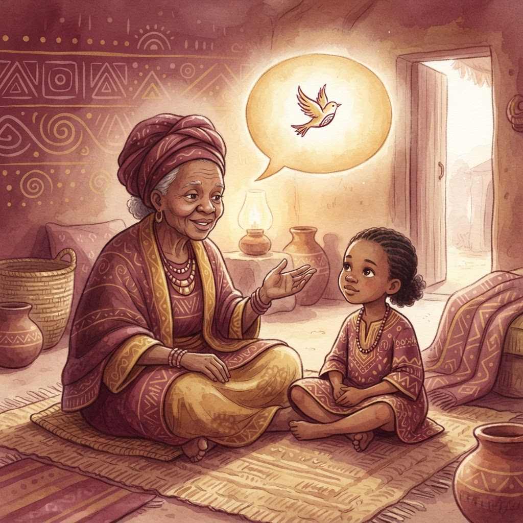 A learner and a warm elder sharing a proverb with a soft glowing speech bubble