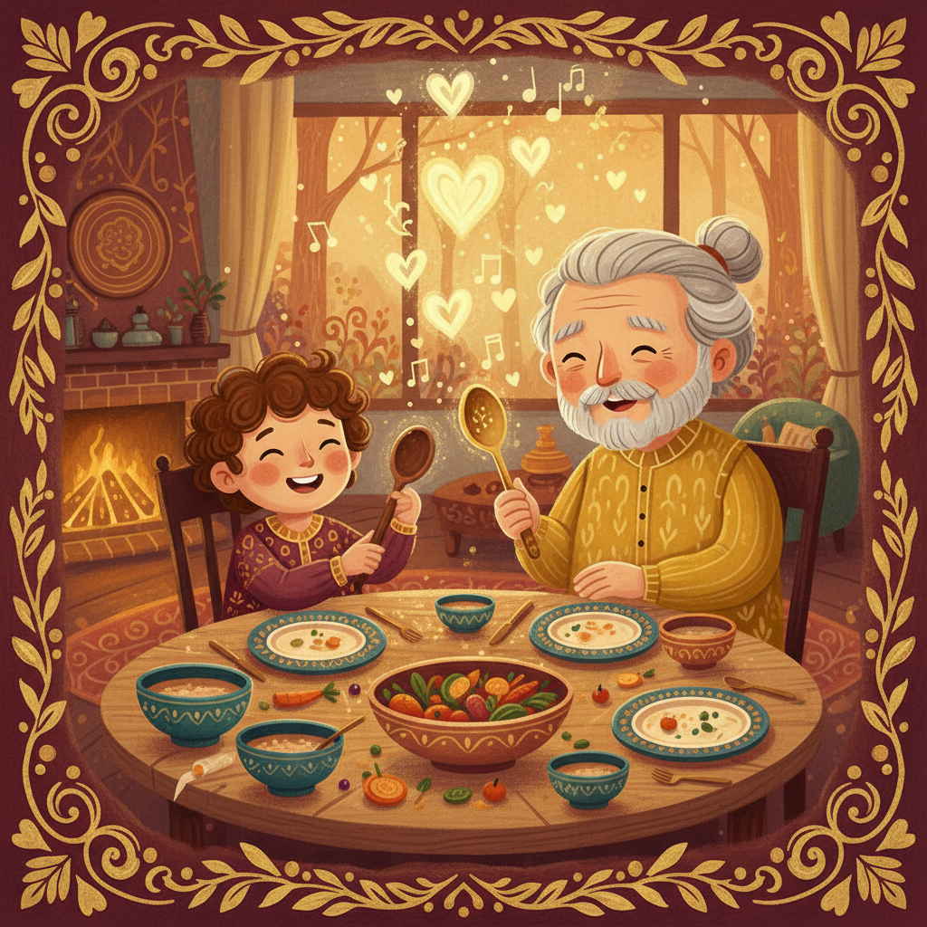 A child and grandparent clinking spoons over a colorful meal, with hearts and musical notes floating above