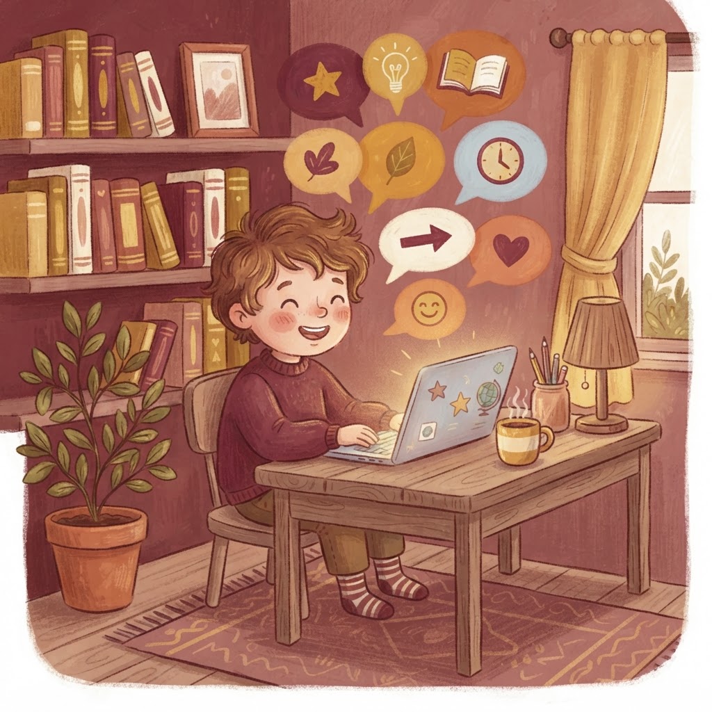A cheerful learner at a laptop with colorful speech bubbles floating up
