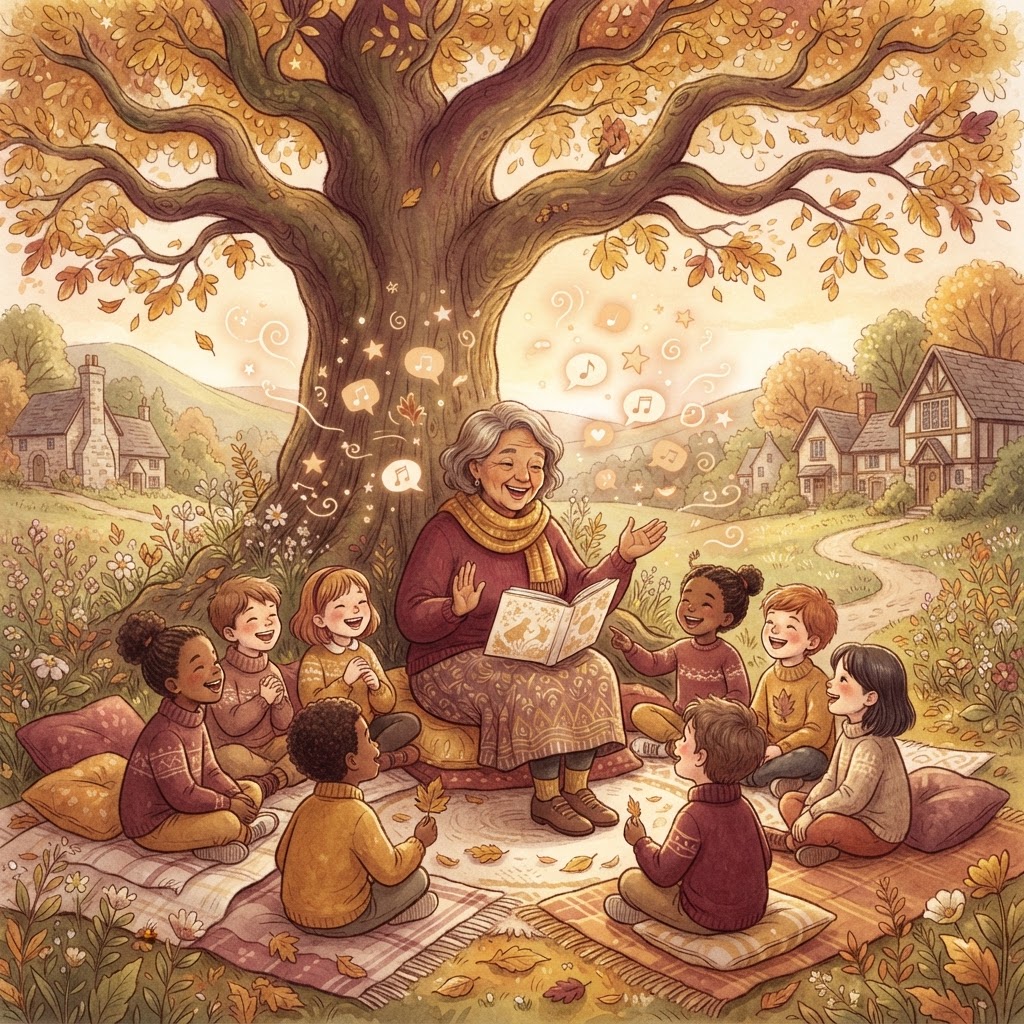 A person joyfully teaching a small group under a big tree with golden speech notes floating