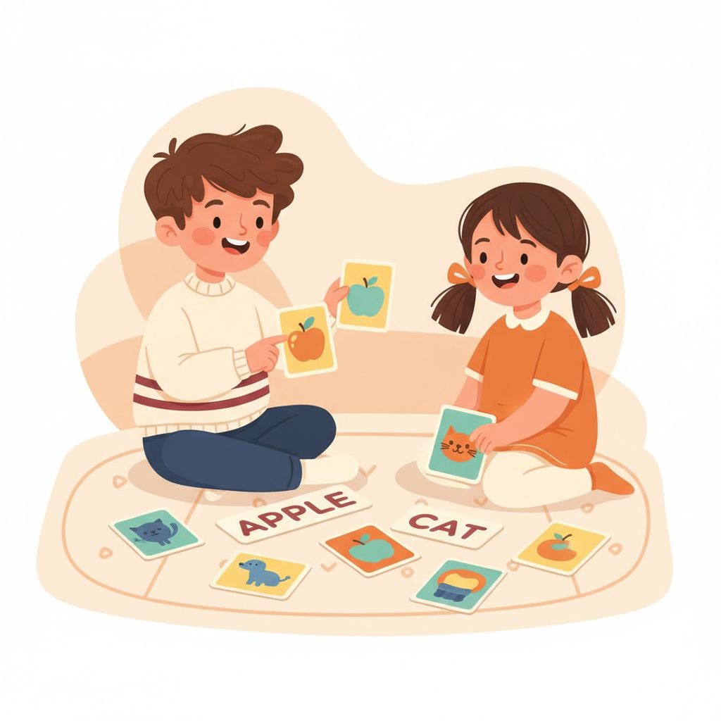 Two cheerful children playing a colorful picture-card matching game on a rug