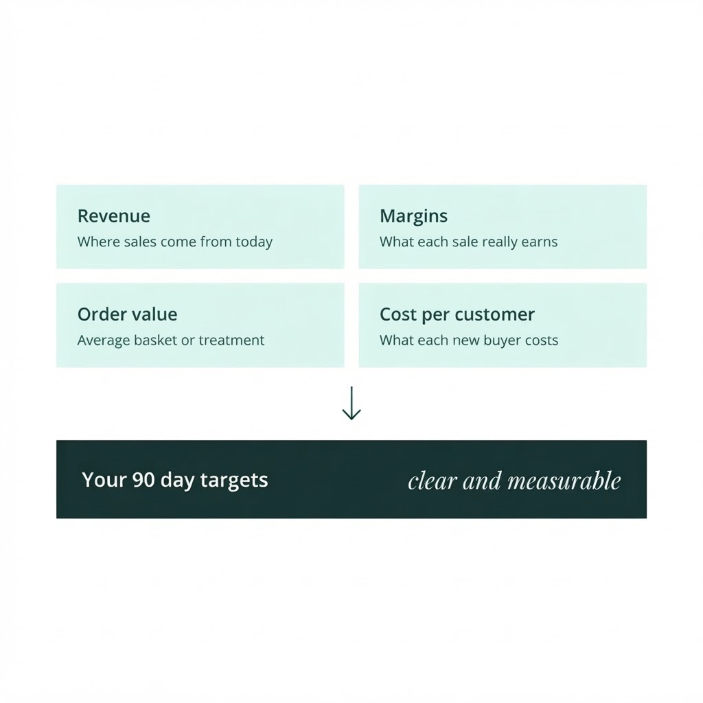 Diagram of revenue, margins, order value and cost per customer boxes leading to 90 day targets