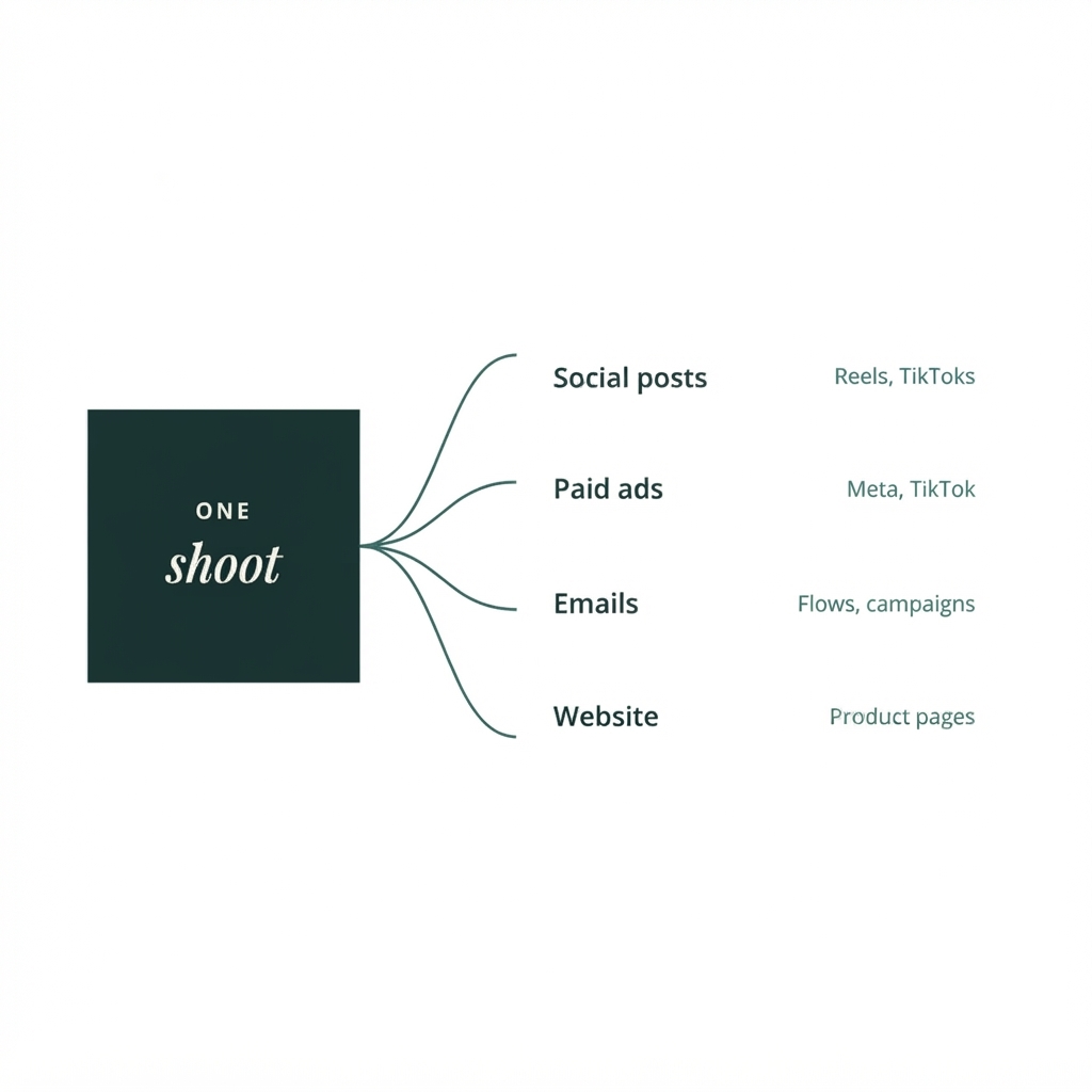 Diagram of one shoot branching into social posts, paid ads, emails and website content