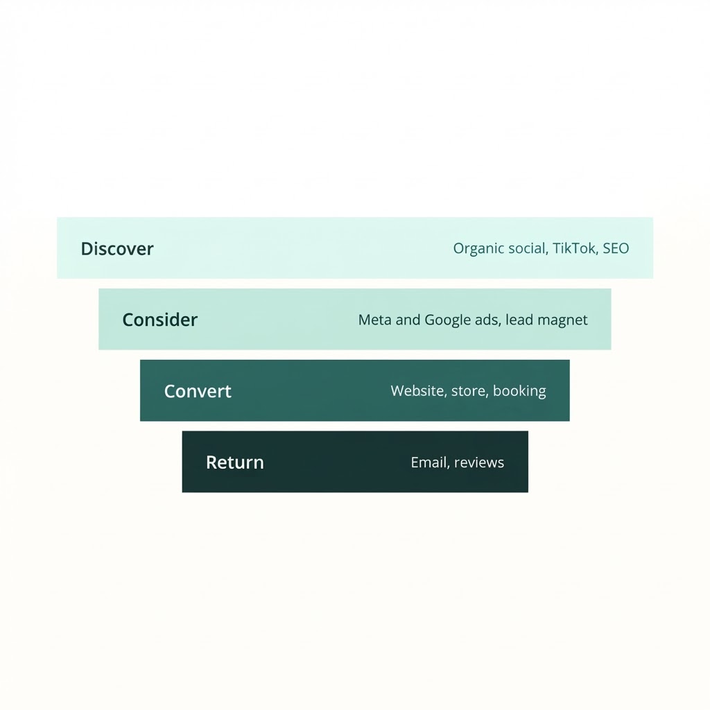 Funnel diagram of discover, consider, convert and return stages with the channels that feed each