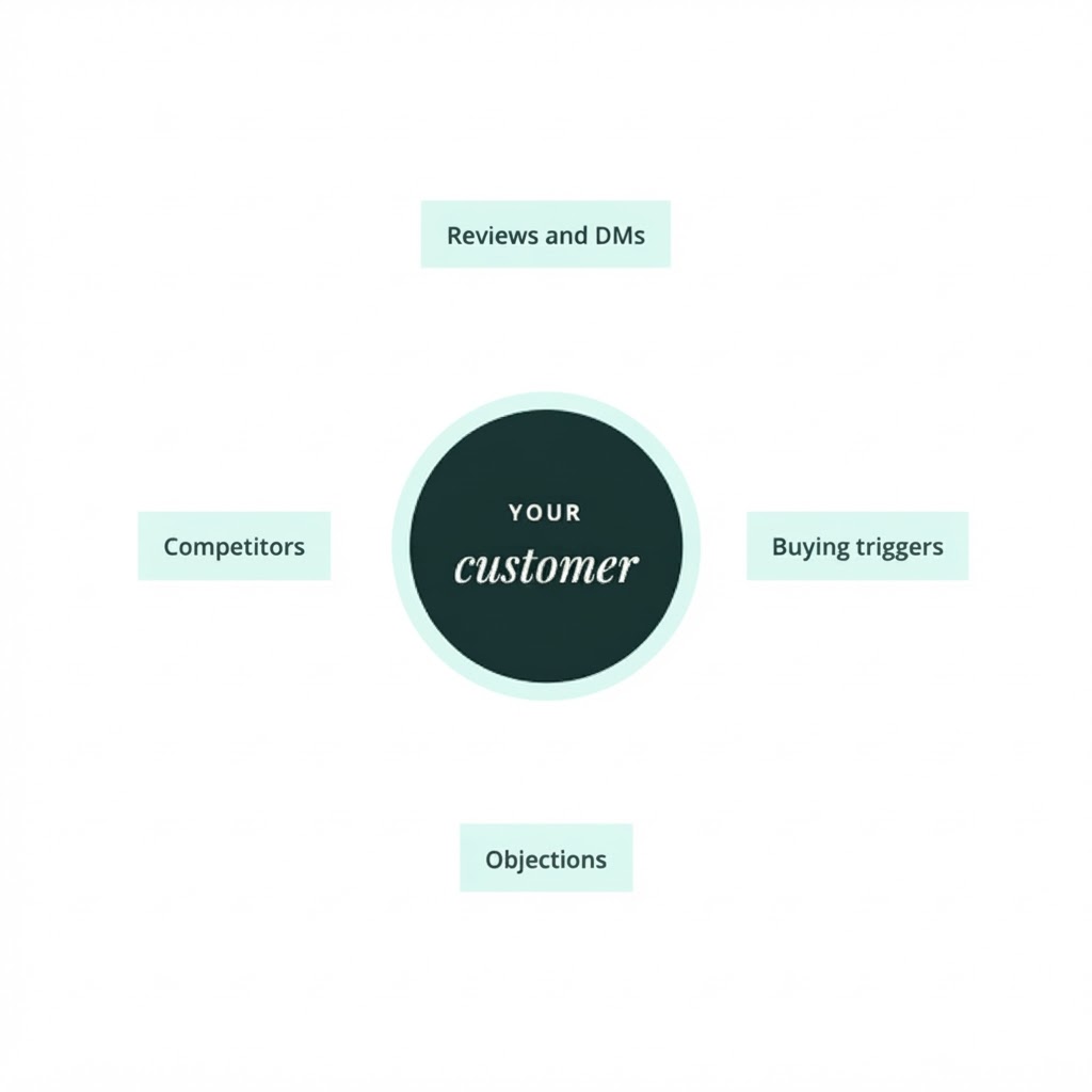 Diagram of a central customer circle surrounded by reviews, buying triggers, objections and competitors