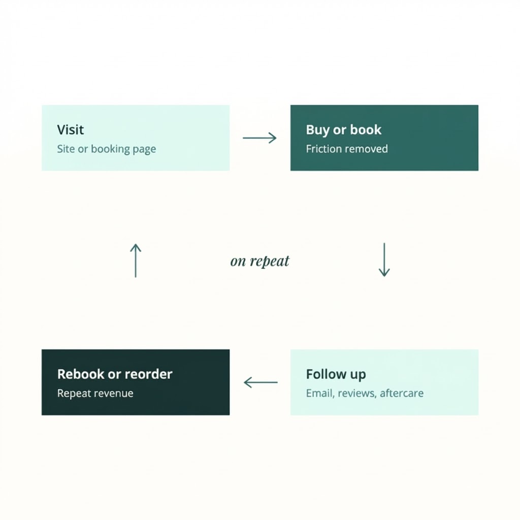 Cyclical diagram of visit, buy or book, follow up and rebook or reorder running on repeat