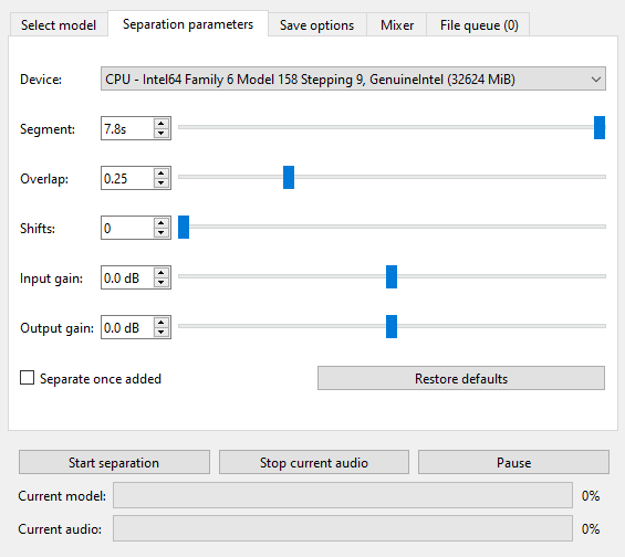AI Mixing Engine — Model Selection: Demucs model type dropdown with htdemucs and MDX variants