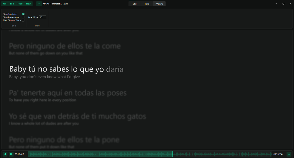 Apple Music Sing GUI — Edit Mode: word-level lyric timing editor with line and word property panels