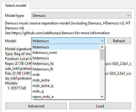 AI Mixing Engine — Separation Parameters: device selector, segment/overlap/shift sliders, gain controls, and job progress