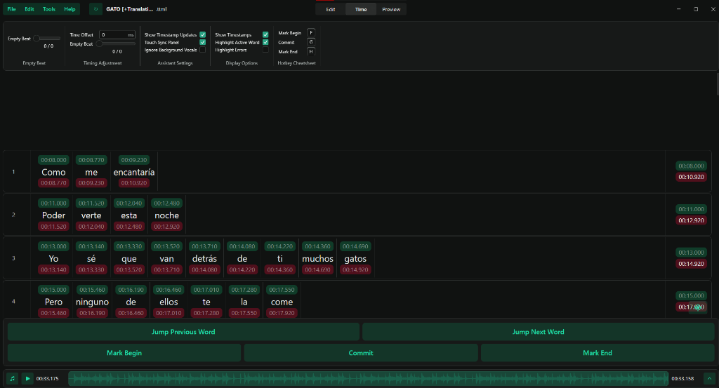 Apple Music Sing GUI — Time Mode: waveform timeline with per-word sync markers and commit controls