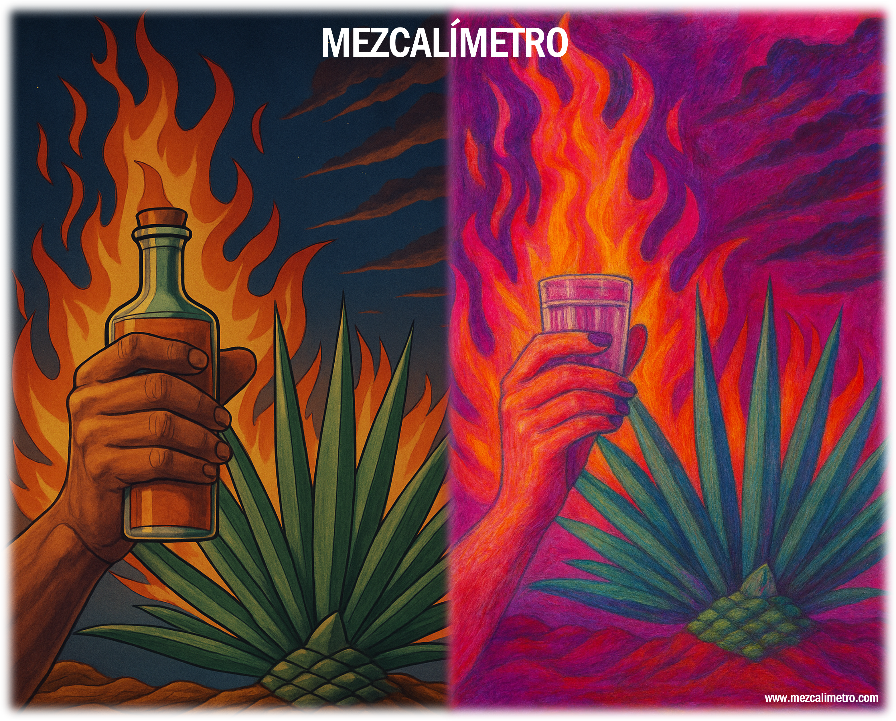 Ilustración sensorial de mezcal con agave, cata y memoria visual.