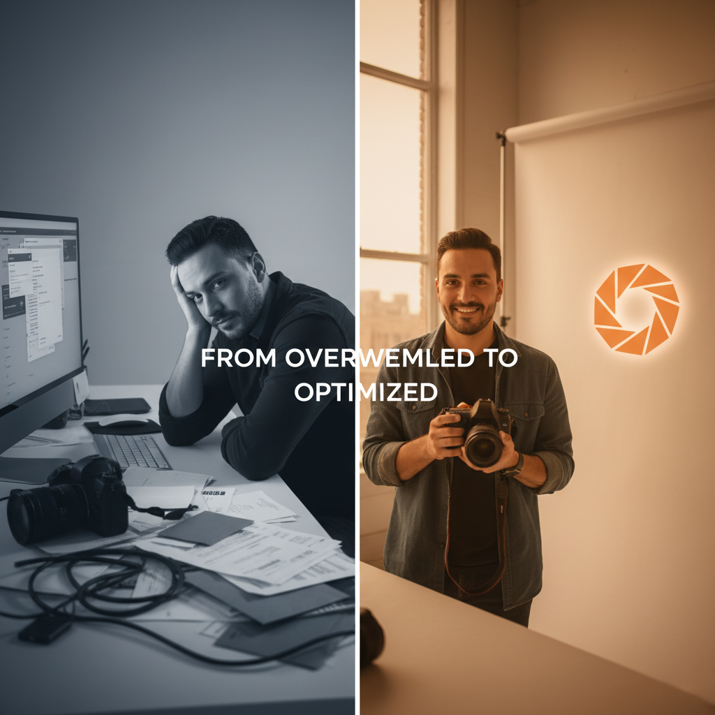 Split image: left, frustrated photographer at a cluttered desk; right, confident with camera in warm light, clean space.