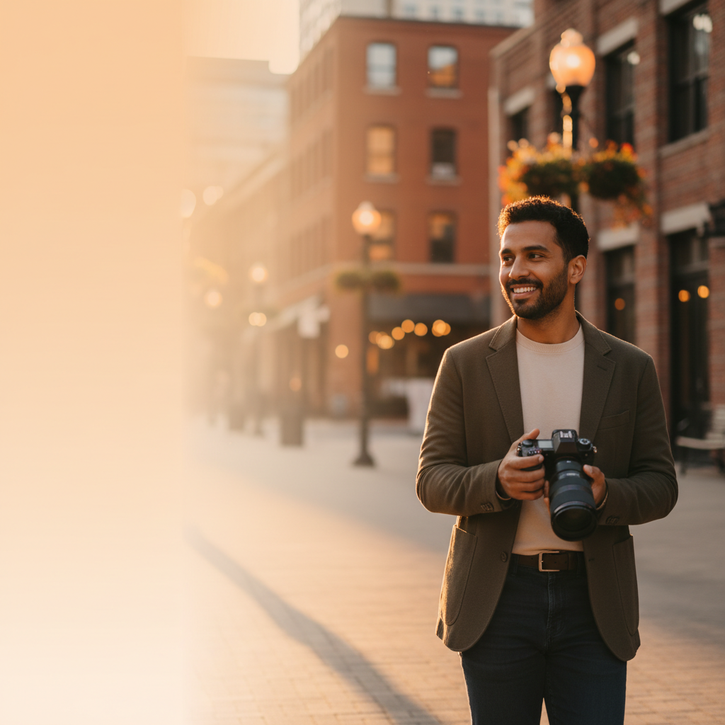A confident photographer with a camera stands in an urban setting, warm tones highlighting a candid, editorial style.