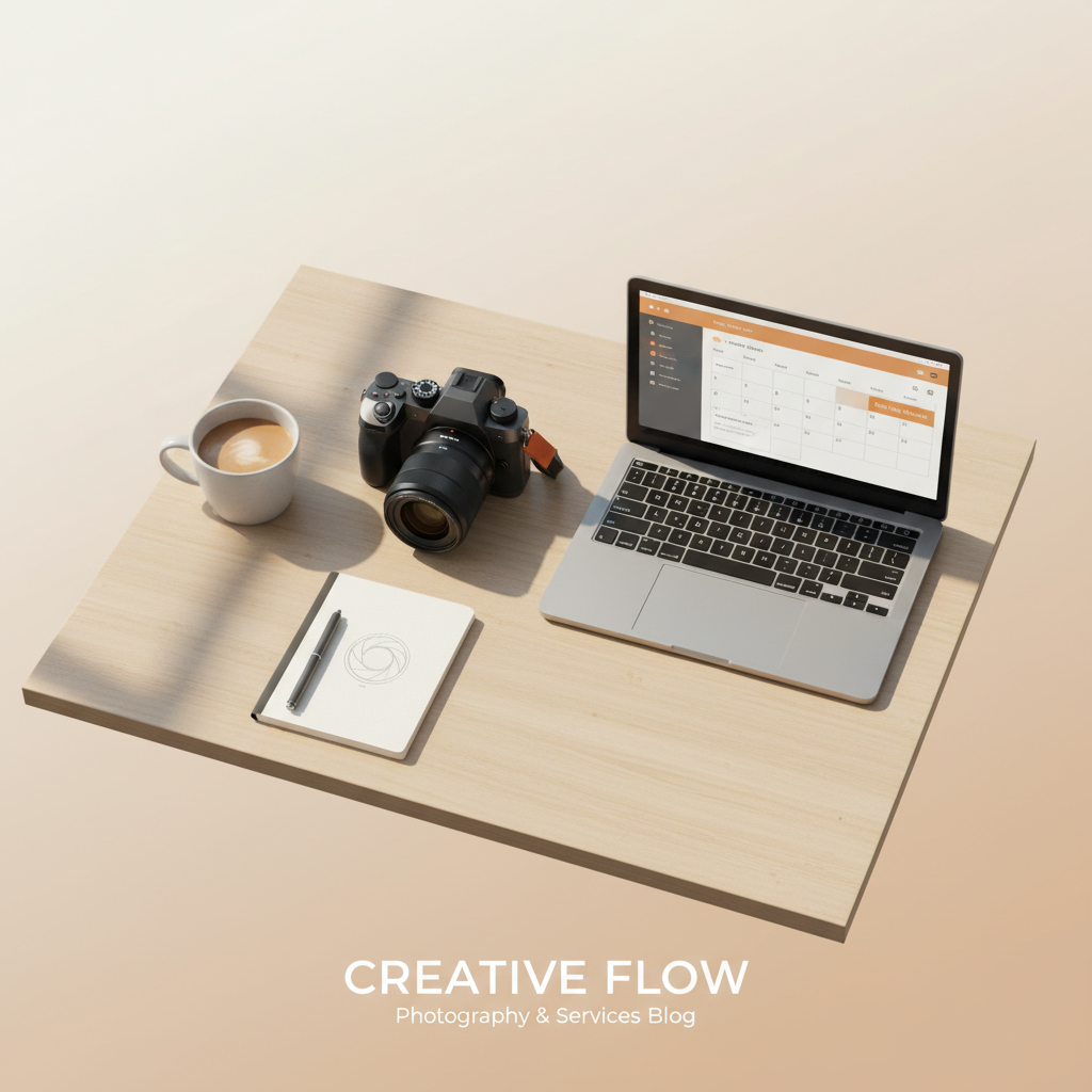 Flat lay of a tidy photographer's desk featuring a camera, laptop, coffee, and notebook, bathed in warm natural light.