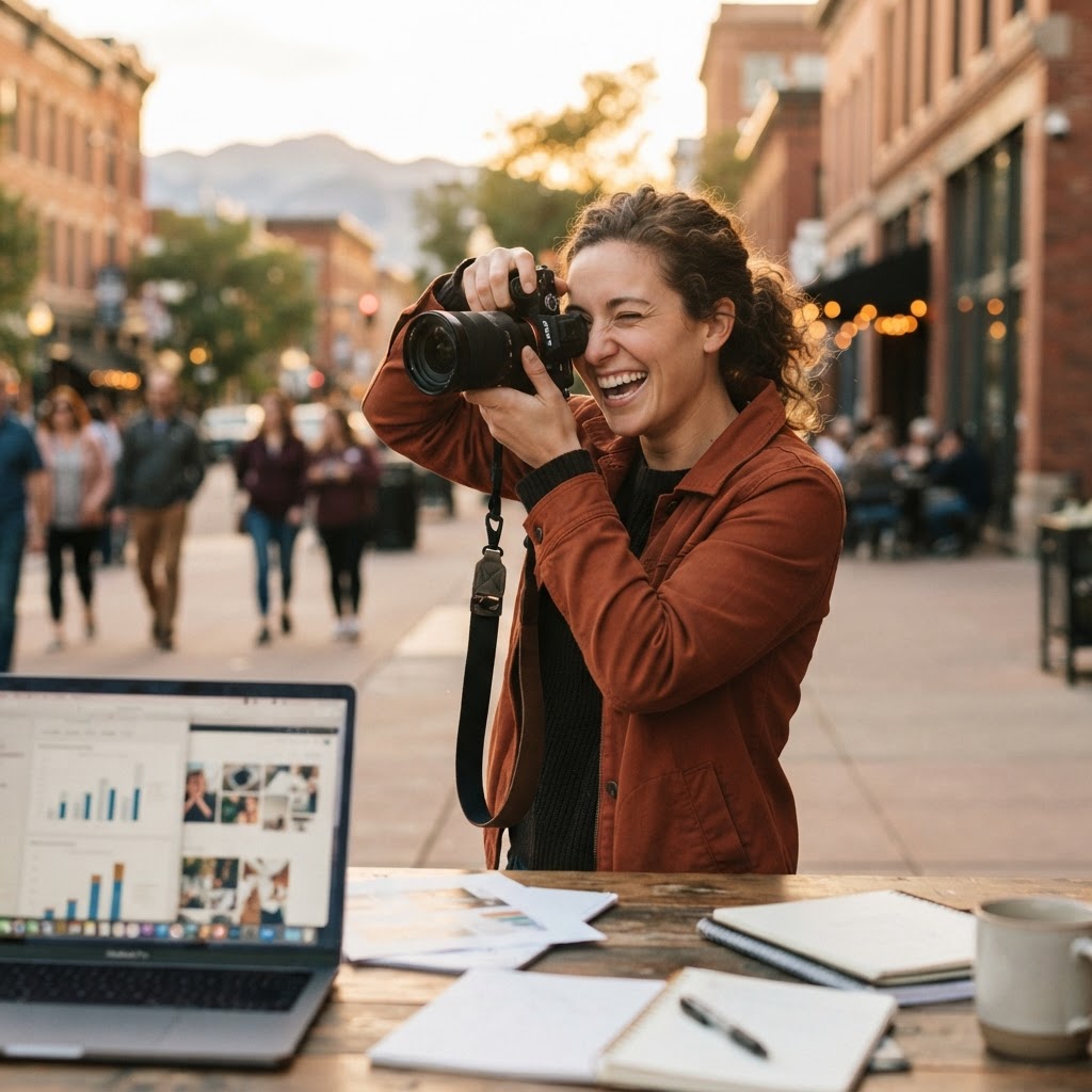Photographer laughing while shooting at golden hour, with a desk of marketing paperwork blurred in the background
