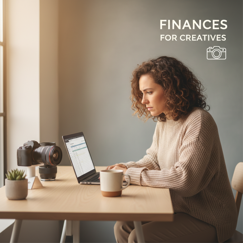 Freelance photographer analyzes finances on a laptop at a minimal desk, with camera gear nearby and warm, natural lighting.