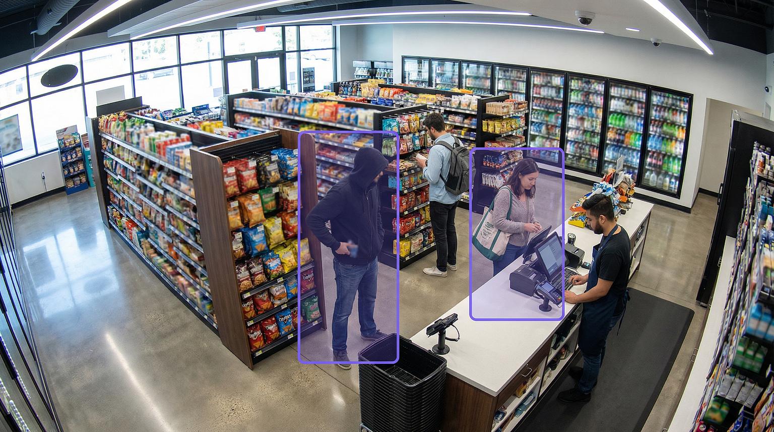AI camera surveillance in a convenience store with real-time analytics overlay