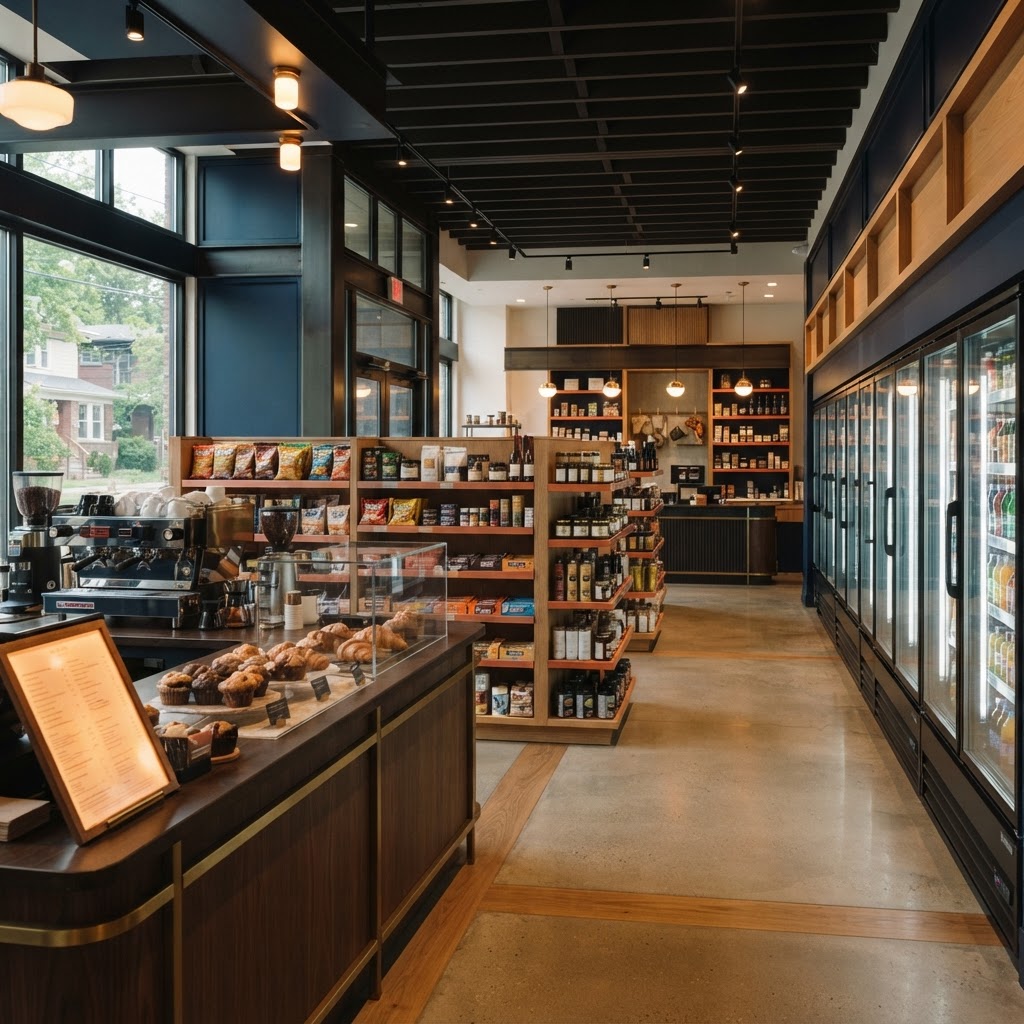 Modern convenience store with curated shelves, beverage coolers and a coffee counter
