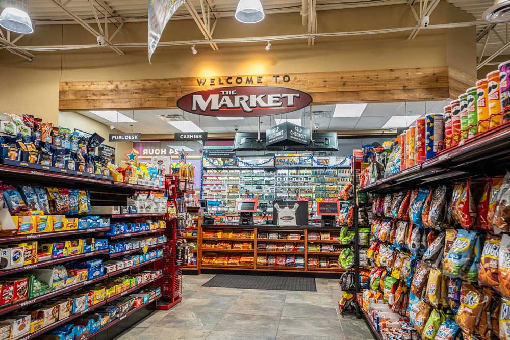 Convenience store shelves and product assortment